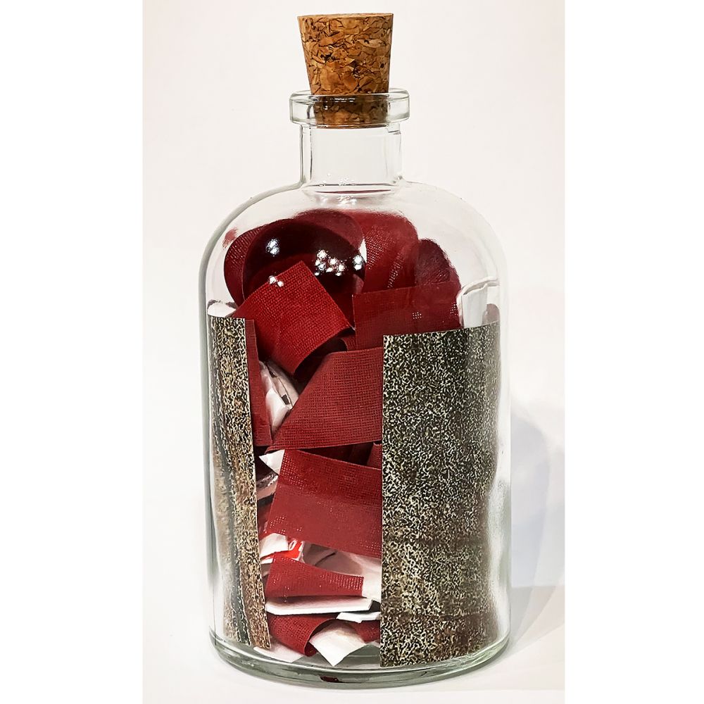 <br/>Queso Praetorian back, 10/9/2025<br/>Apx 6½" x 3" x 3"<br/>glass, paper, ink, cork, plastic and cloth